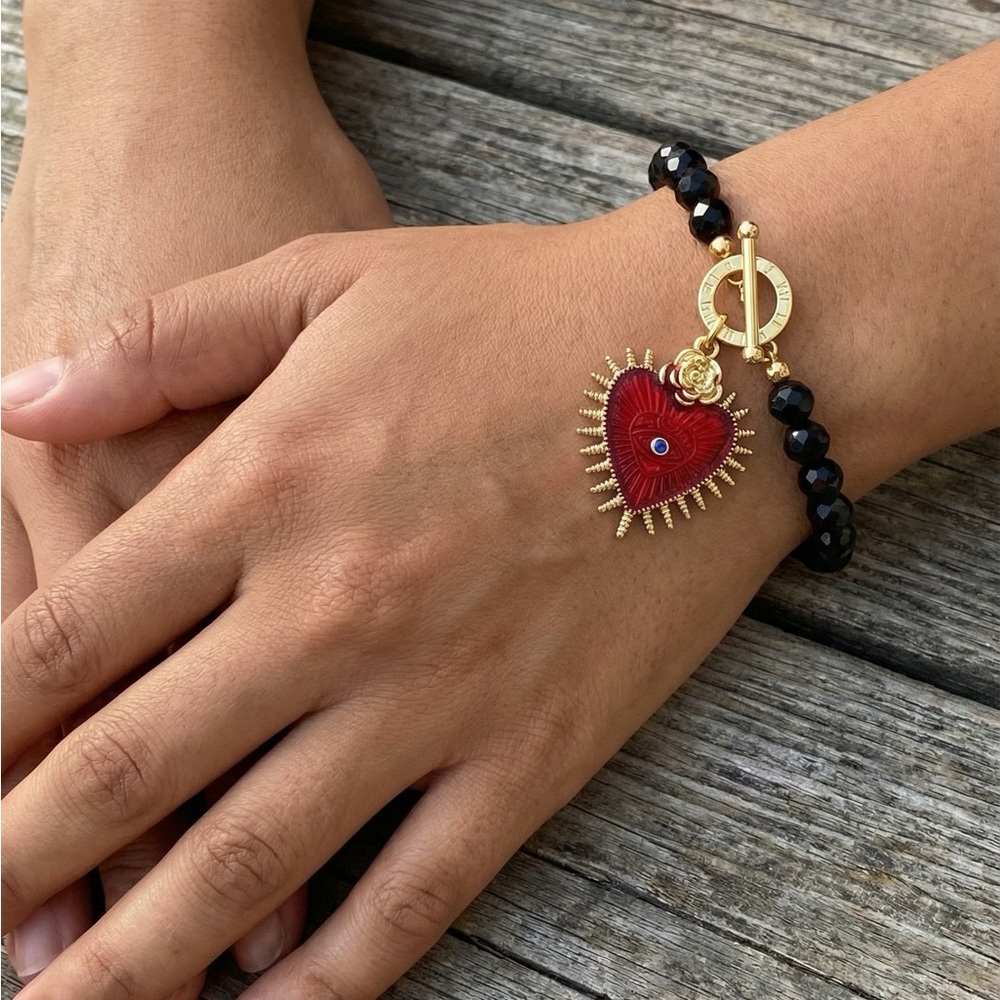 Gold and Red Heart Charm Bracelet